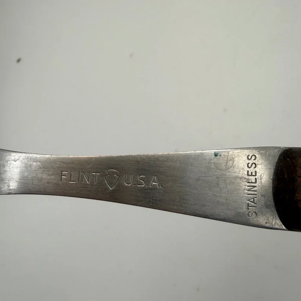 Vintage Flint USA Stainless Steel Carving Fork Wood Handle Arrowhead Logo 11.5in